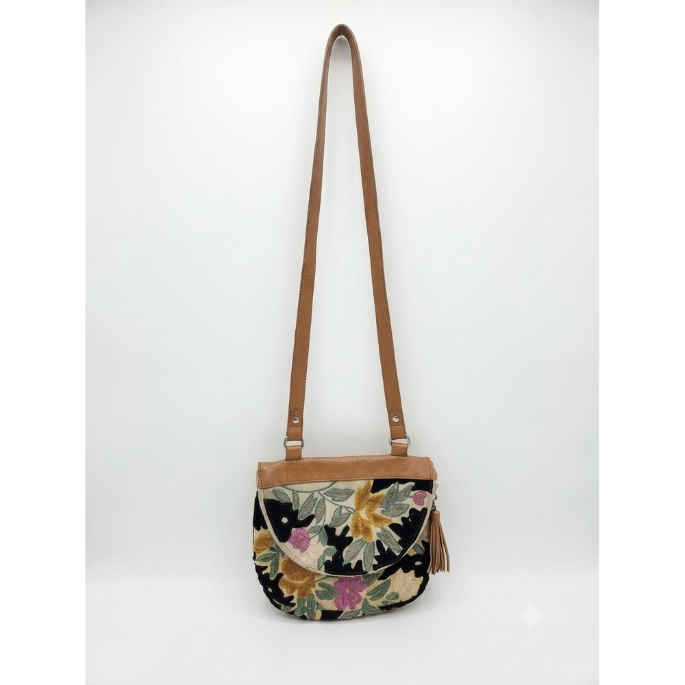 Miss Albright Anthropologie Floral Embroidered Velvet Crossbody Bag‎ Tan Leather